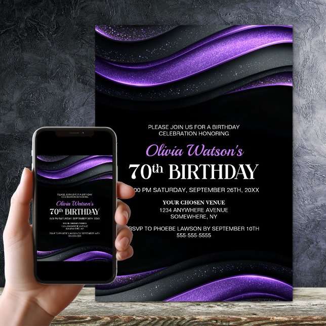 Invitation Modern Black and Purple 70th Birthday Party (Créateur téléchargé)