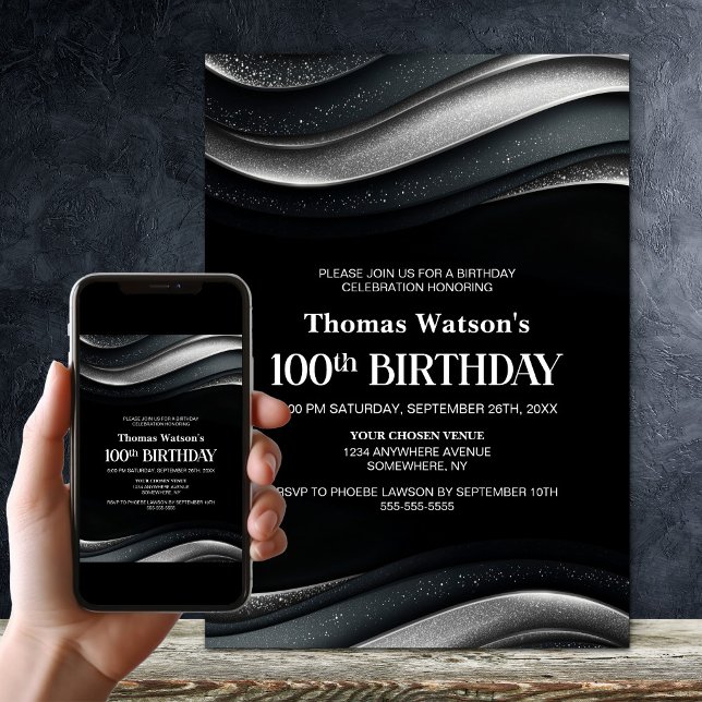 Invitation Modern Black and Silver 100th Birthday Party (Créateur téléchargé)
