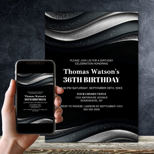 Invitation Modern Black and Silver Any Age Birthday Party (Créateur téléchargé)