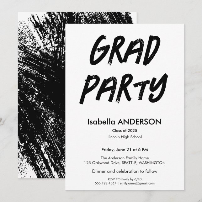 Invitation Modern Black and White Graduation Party (Devant / Derrière)