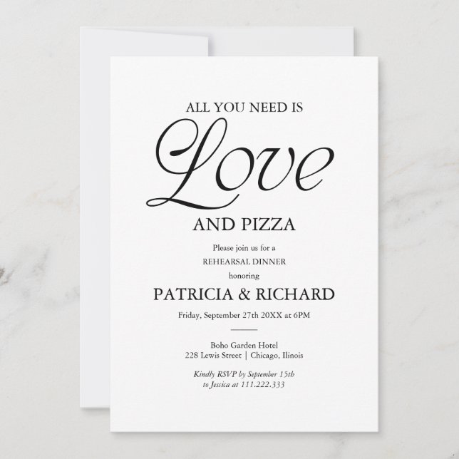 Invitation Modern Black and White Pizza Wedding Rehearsal (Devant)