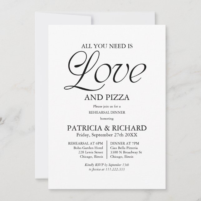 Invitation Modern Black and White Pizza Wedding Rehearsal (Devant)