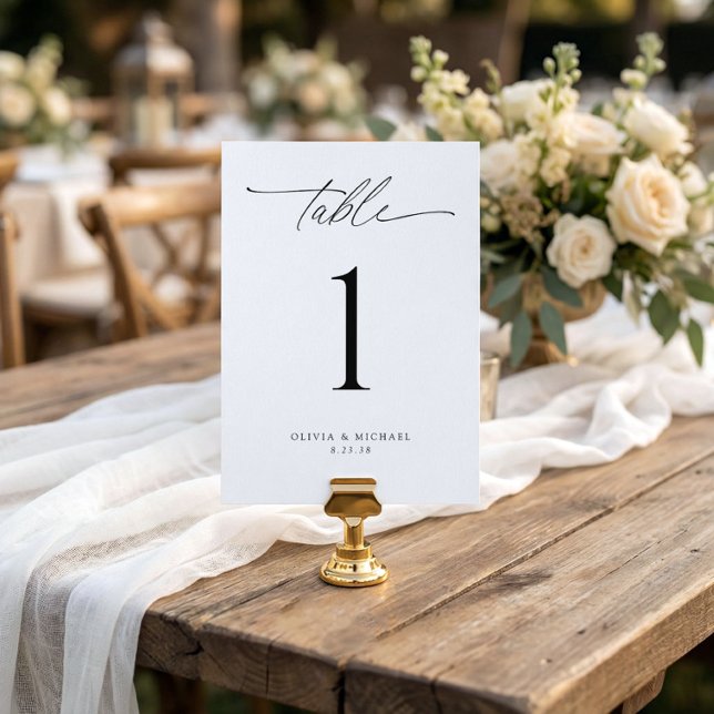 Invitation Modern Black and White Wedding Table Number Cards (modern wedding table number 5x7 minimalist elegant handwriting script reception table decor)