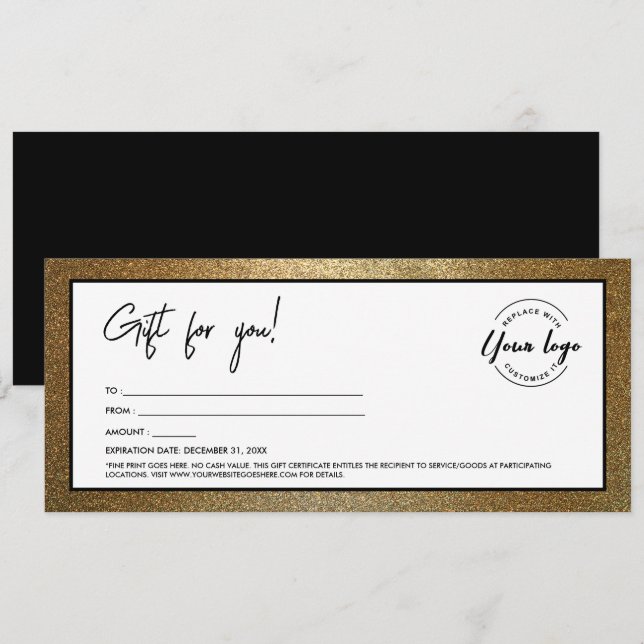 Invitation Modern Black Gold Ajouter Logo Certificat cadeau (Devant / Derrière)