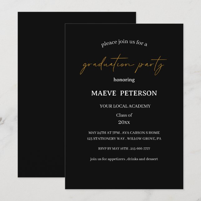 Invitation Modern black & gold law school graduation  (Devant / Derrière)