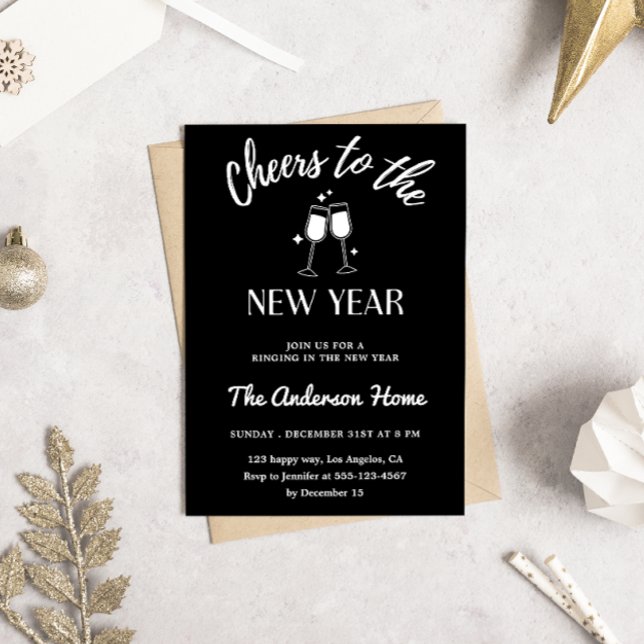 Invitation Modern Black & White“Cheers to the New Year” Party (Créateur téléchargé)