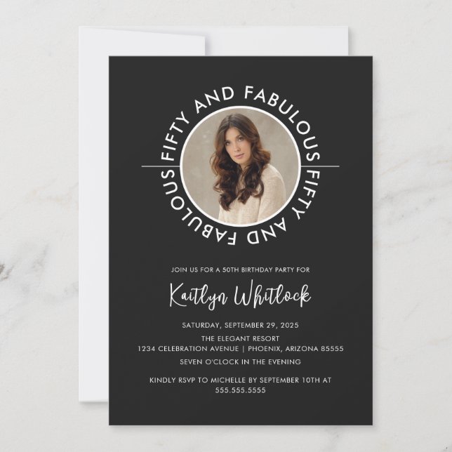 Invitation Modern Black White Fifty and Fabulous Birthday (Devant)