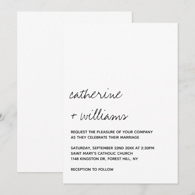 Invitation Modern Black & White Minimalist Script Wedding (Devant / Derrière)