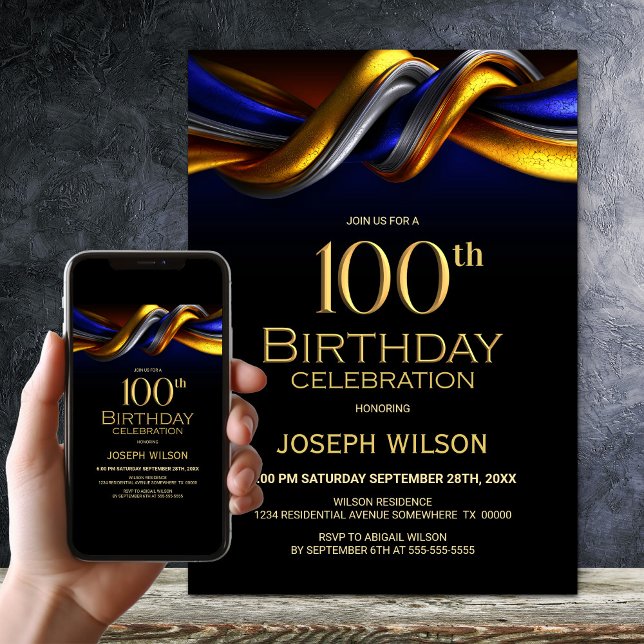Invitation Modern Blue and Gold 100th Birthday Party (Créateur téléchargé)