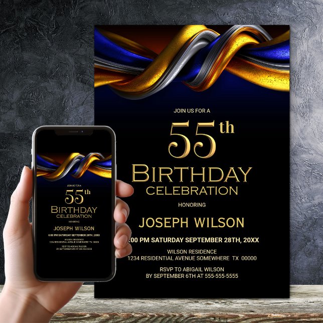 Invitation Modern Blue and Gold 55th Birthday Party (Créateur téléchargé)