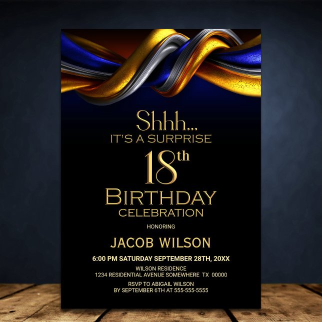 Invitation Modern Blue and Gold Surprise 18th Birthday Party (Créateur téléchargé)