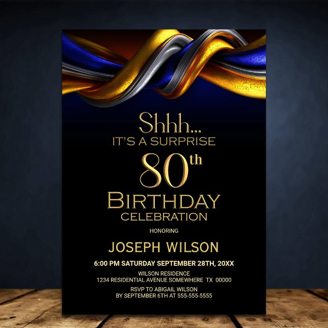 Invitation Modern Blue and Gold Surprise 80th Birthday Party (Créateur téléchargé)