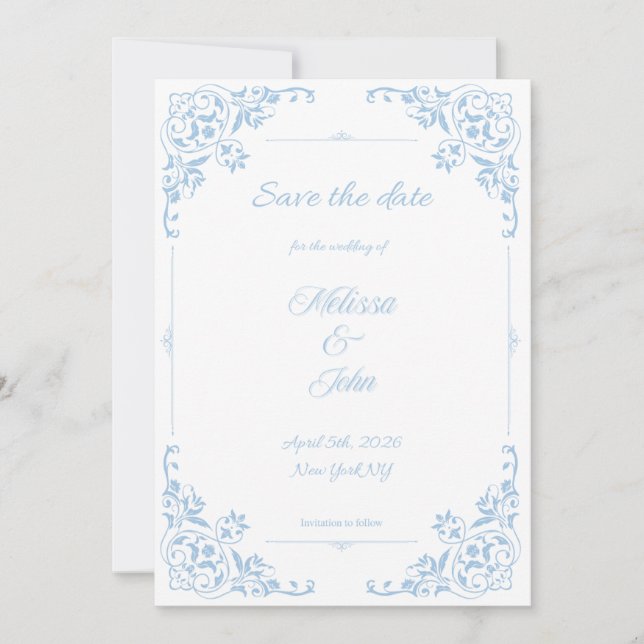 Invitation Modern Blue Filigree French Country Save the Date (Devant)