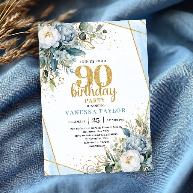 Invitation Modern Blue Floral Gold Frame 90th Birthday Invite (Modern Blue Floral Gold Frame 90th Birthday Invite)