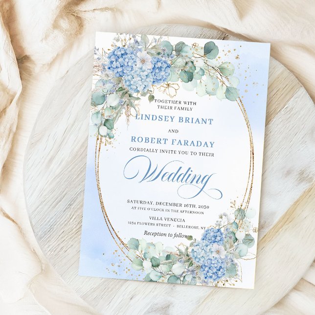 Invitation Modern Blue Floral Gold Oval Wedding Invite (Modern Blue Floral Gold Oval Wedding Invite)