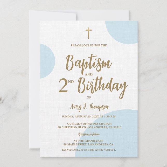Invitation Modern Blue & Gold Baptism and Second Birthday  (Devant)