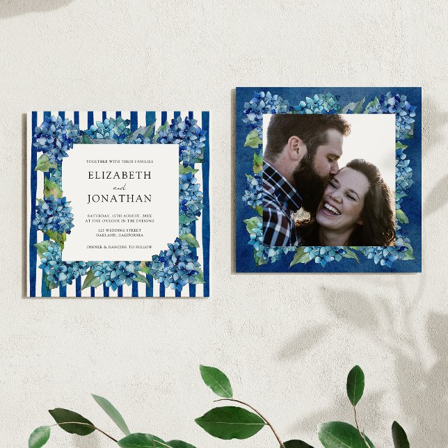 Invitation Modern Blue Hydrangeas Stripe Photo Wedding (Créateur téléchargé)