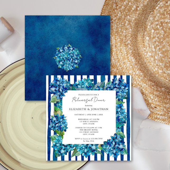 Invitation Modern Blue Hydrangeas Stripe Rehearsal Dinner (Créateur téléchargé)