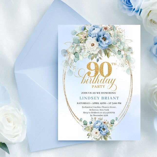 Invitation Modern Blue Peonies Greenery 90th Birthday Invite (Modern Blue Peonies Greenery 90th Birthday Invite

)