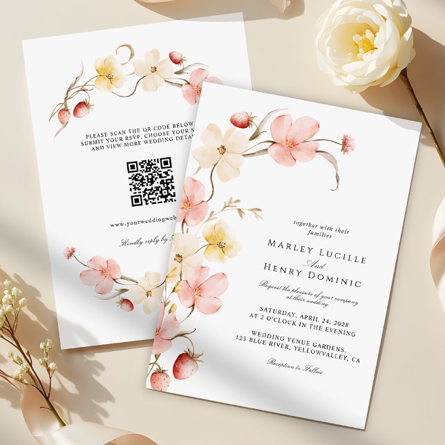 Invitation Modern Blush Floral QR Code All In One Wedding (Créateur téléchargé)