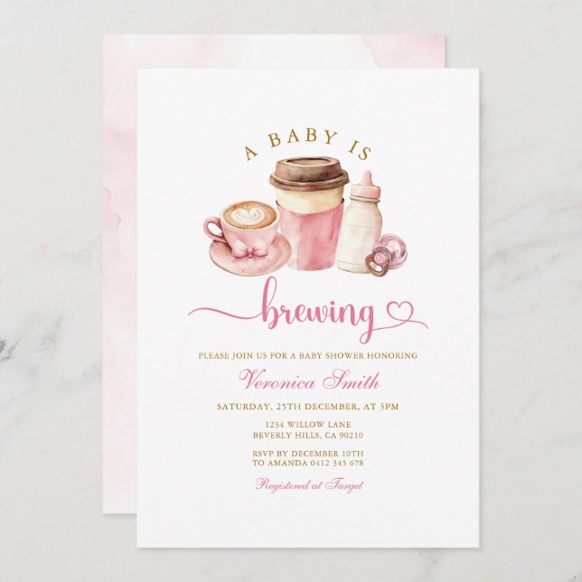 Invitation Modern Blush Pink Coffee Theme Latte Baby Shower (Devant / Derrière)