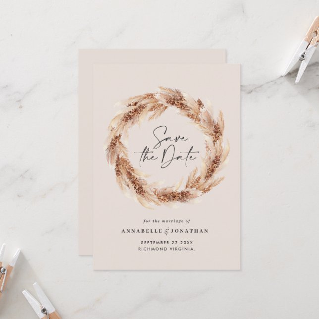 Invitation Modern bohemian natural pampas grass wedding invit (Devant/Arrière en situation)