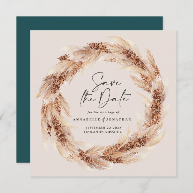 Invitation Modern bohemian natural pampas grass wedding invit (Devant / Derrière)