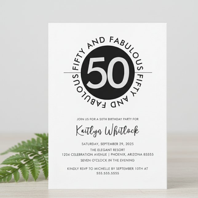 Invitation Modern Bold 50 and Fabulous 50th Birthday (elegant bold black and white fifty and fabulous 50th birthday party invitation for bold women)