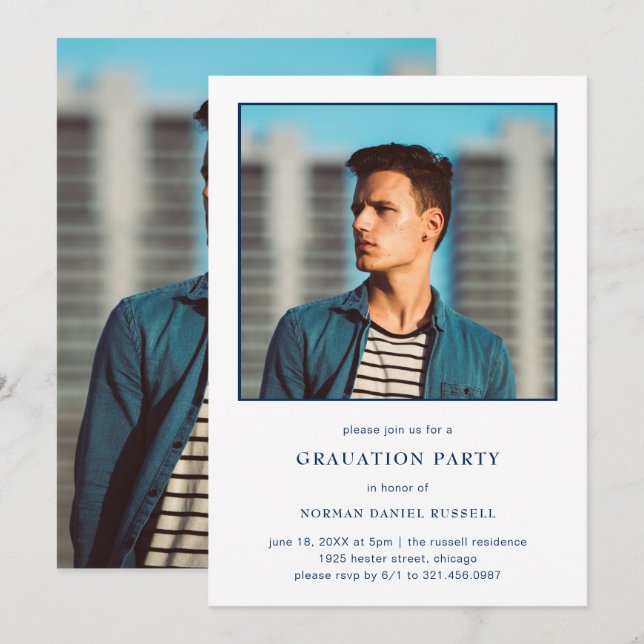 Invitation Modern Bold Navy Blue White Photo Party (Devant / Derrière)