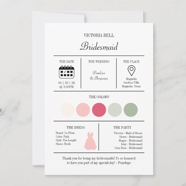 Invitation Modern Bright Pink Bridesmaid Information Card (Devant)