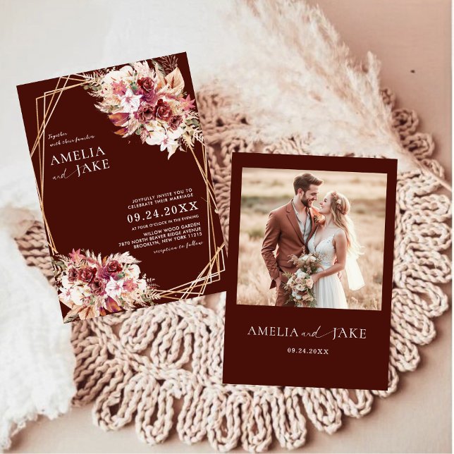 Invitation Modern Burgundy Floral Gold Geometric Wedding  (Créateur téléchargé)
