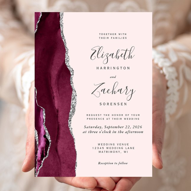 Invitation Modern Burgundy Silver Agate Blush Pink Wedding (Créateur téléchargé)