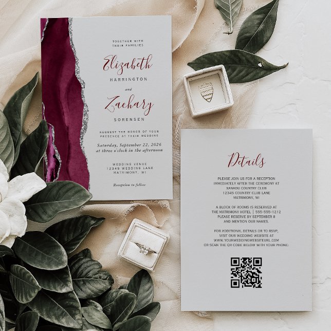 Invitation Modern Burgundy Silver Agate Gray QR Code Wedding (Créateur téléchargé)