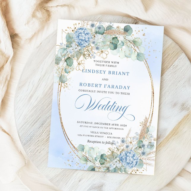 Invitation Modern Calligraphy Blue Floral Gold Wedding Invite (Modern Calligraphy Blue Floral Gold Wedding Invitation)