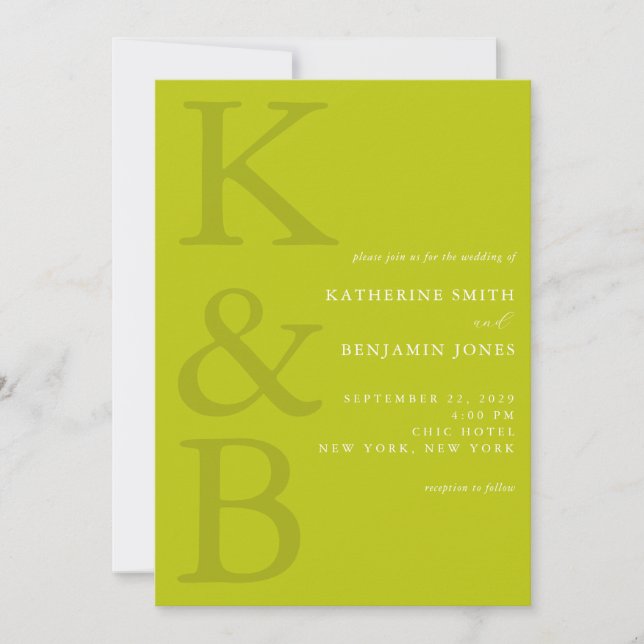 Invitation Modern Chartreuse Monogram Minimalist Wedding (Devant)