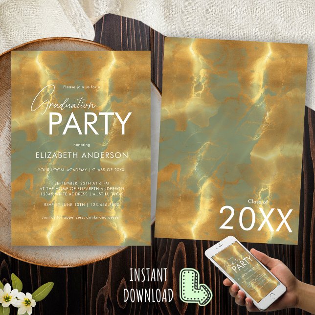 Invitation Modern Chic Sage Green et Gold Graduation Party (Créateur téléchargé)