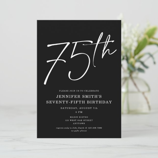 Invitation Modern Chic Script 75e fête d'anniversaire (Debout devant)
