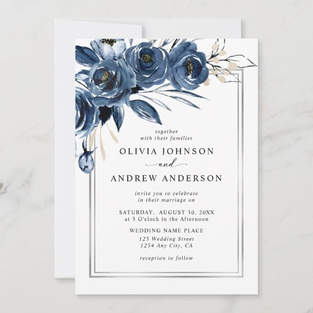 Invitation Modern Classic Navy Blue & Silver Floral Wedding (Devant)