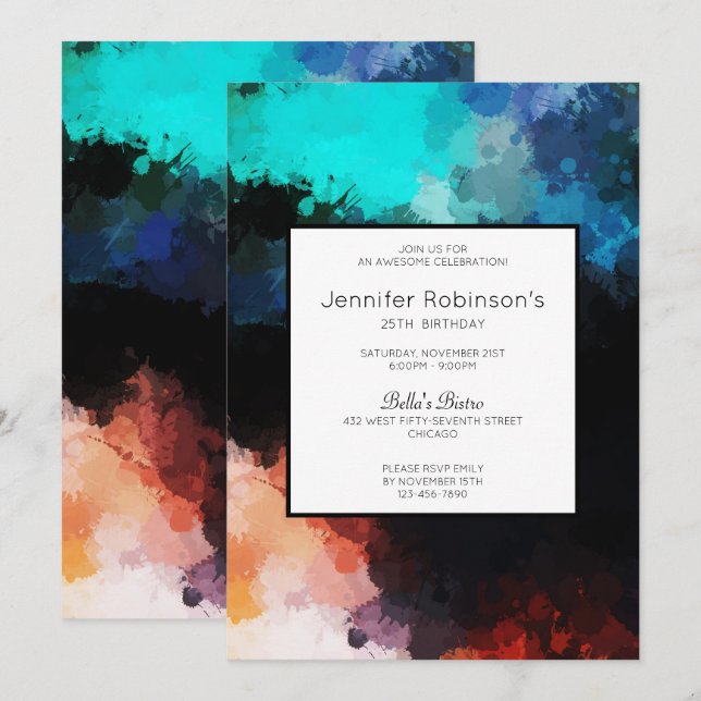 Invitation Modern Dark Abstract Paint Splatters Birthday (Devant / Derrière)