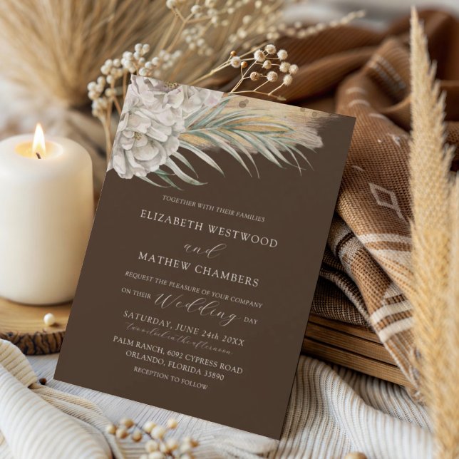 Invitation Modern Dark Brown Floral & Palm Wedding (Créateur téléchargé)