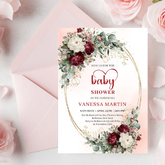 Invitation Modern Deep Red Floral Gold Baby Shower Invite