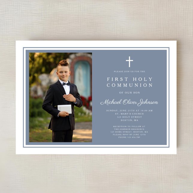 Invitation Modern Dusty Blue Boy Photo First Communion (Modern Dusty Blue Boy Photo First Communion Invitation)