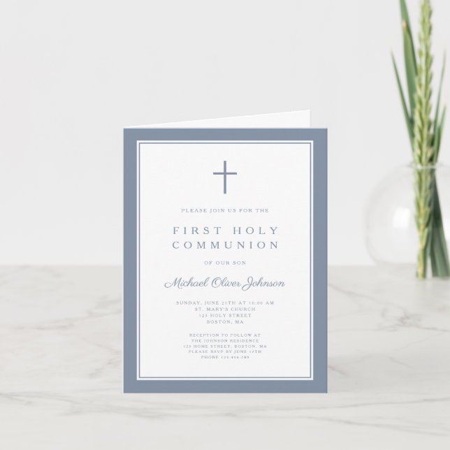 Invitation Modern Dusty Blue Cross Boy First Holy Communion (Devant)