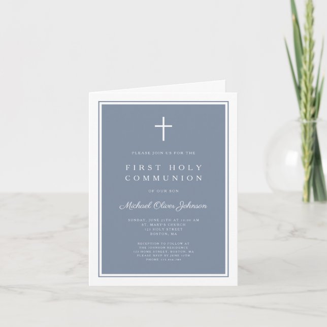 Invitation Modern Dusty Blue Cross Boy First Holy Communion (Devant)
