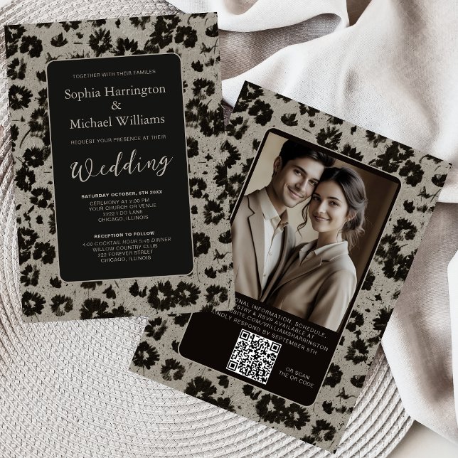 Invitation Modern Elegant Black Silver Wedding Invite QR Code (Créateur téléchargé)