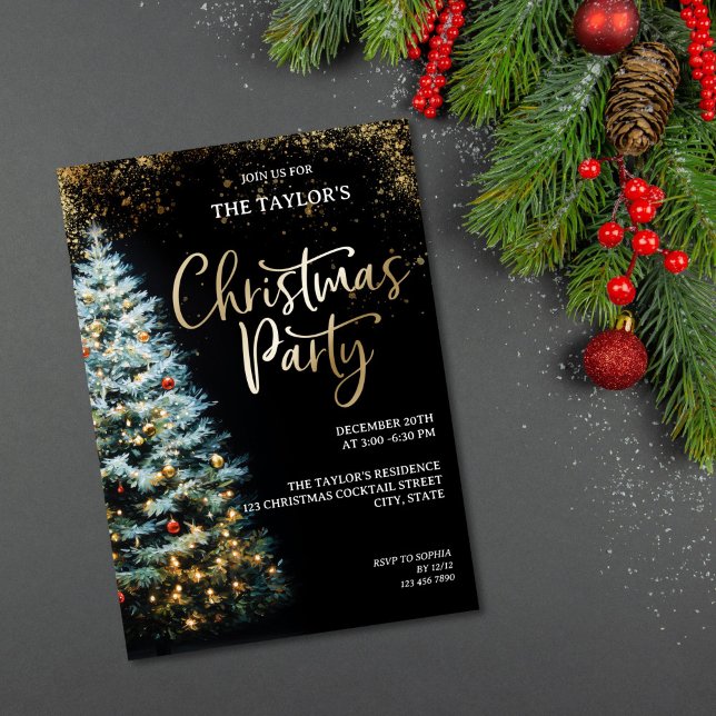Invitation Modern Elegant Glitter Christmas Tree Party (watercolor christmas tree with black background gold details party invitation)