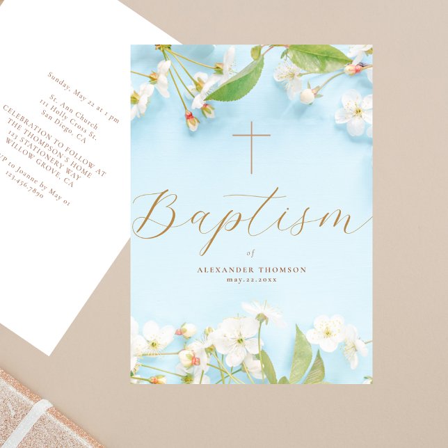 Invitation Modern Elegant Script Blue Flowery Cross Baptism (Créateur téléchargé)