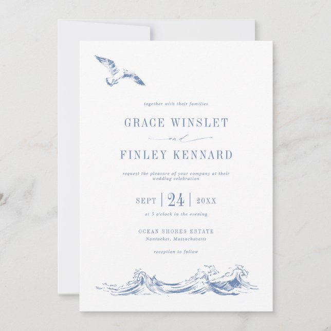 Invitation Modern Elegant Seaside Coastal Blue Wedding (Devant)