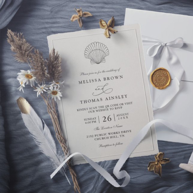 Invitation Modern Elegant Shell Beach Ocean QR Code Wedding (Créateur téléchargé)