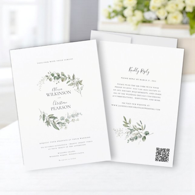 Invitation Modern Eucalyptus Greenery Wedding QR Code RSVP (Créateur téléchargé)